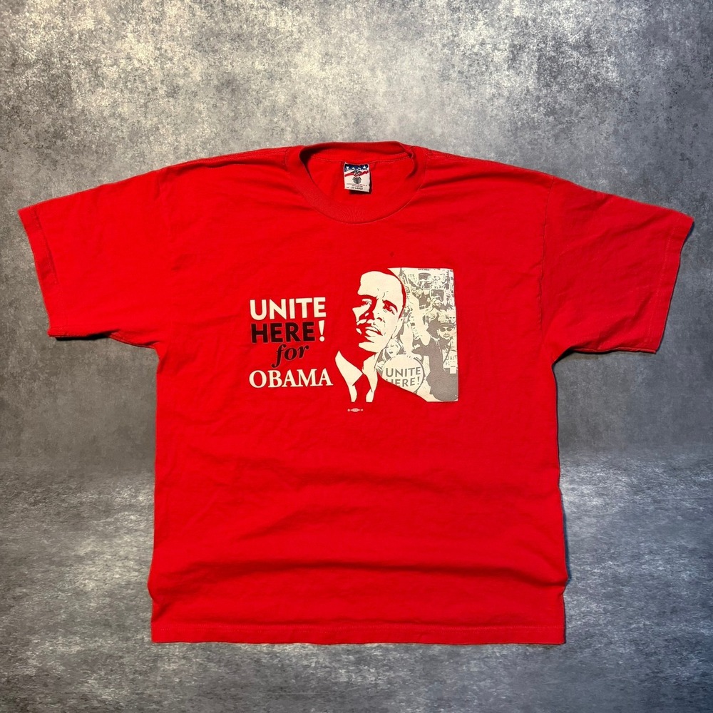 Vintage Unite Here for Obama T‎ Shirt Mens 2XL Red 2008 Political USA Democrat